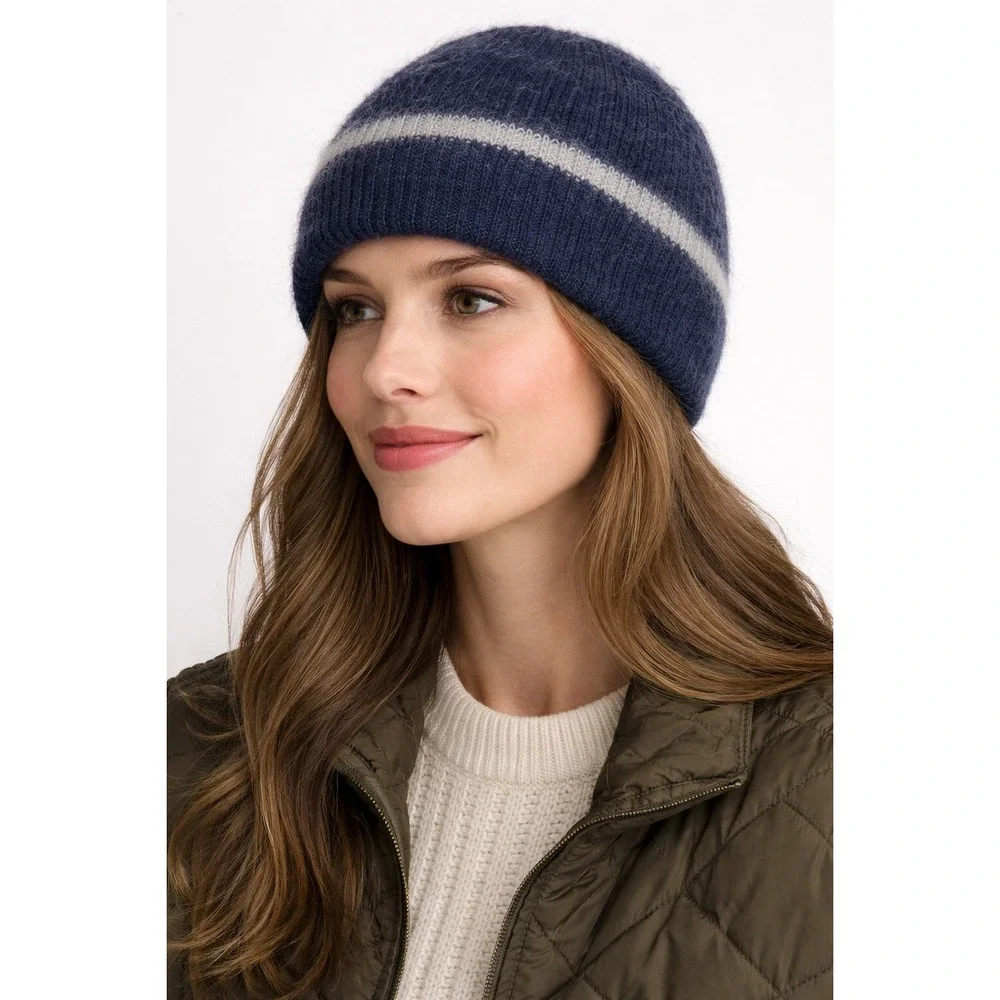Vtg Wigwam Mohair Wool Blend Beanie Hat‎ Unisex OS Blue Striped Knit USA Retro